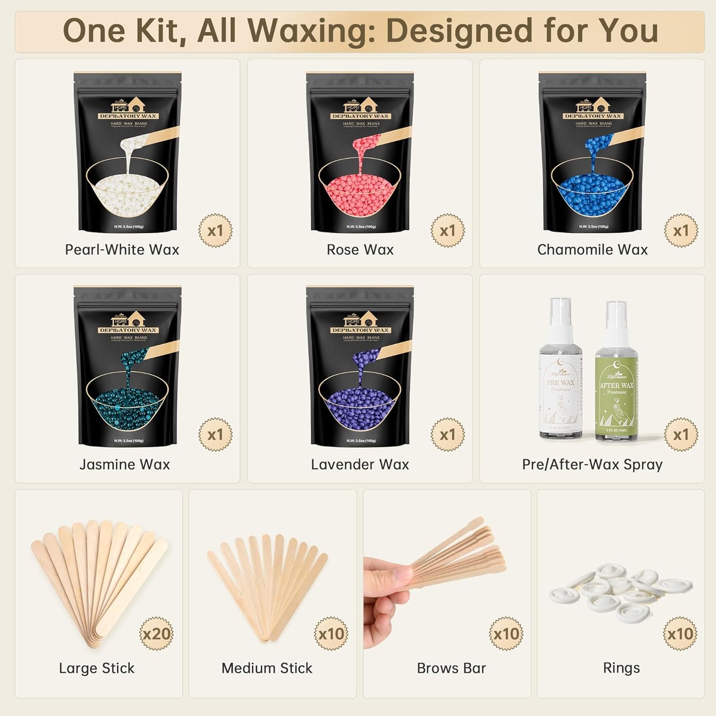 Lifestance Wax Beads Set, 5 Kinds of Waxing Beads, Hard Wax Beans with 57 Items Silicone Spatulas, Perfect for Any Wax Warmers, Wax Beads for Hair Removal for Bikini Underarm Face Body