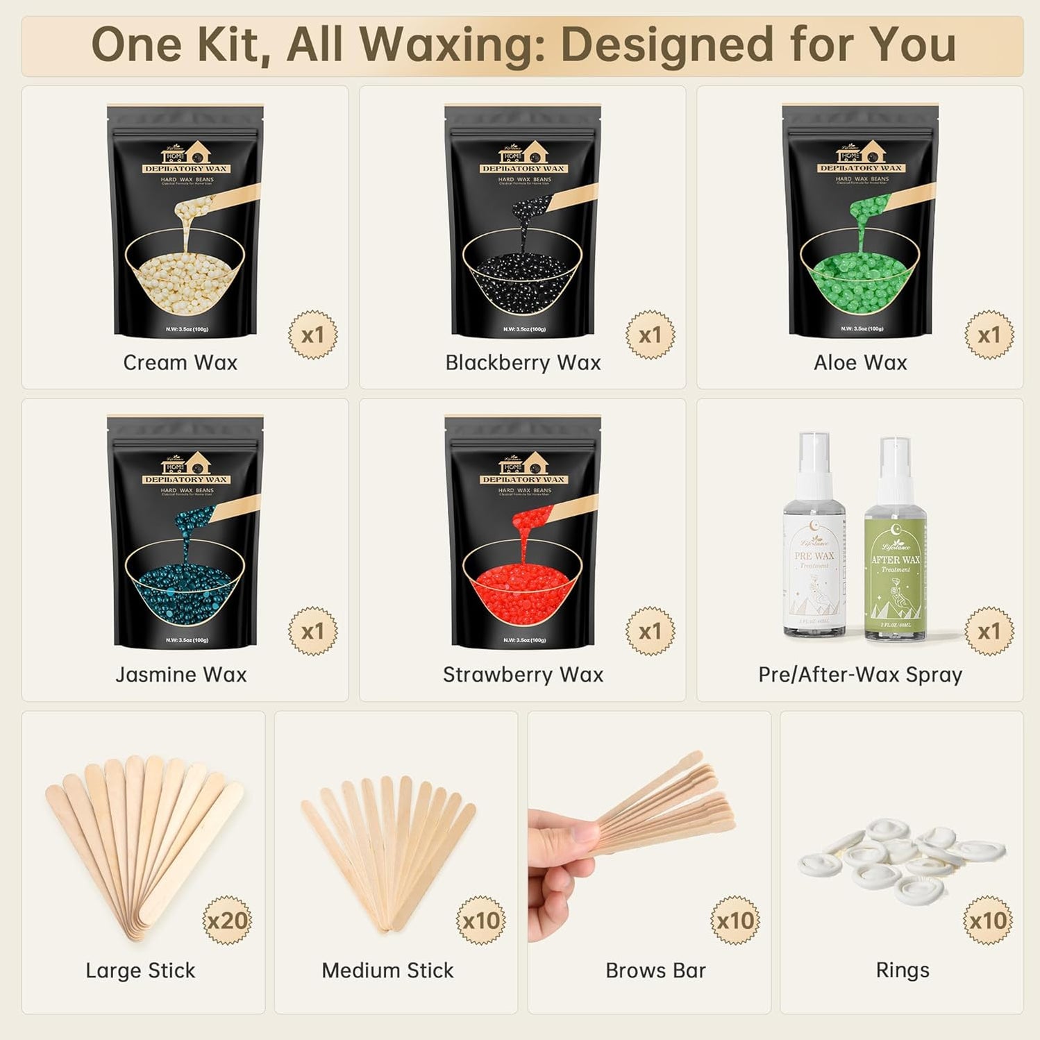 Lifestance Wax Beads Set, 5 Kinds of Waxing Beads, Hard Wax Beans with 57 Items Silicone Spatulas, Perfect for Any Wax Warmers, Wax Beads for Hair Removal for Bikini, Underarm, Eyebrow, Legs