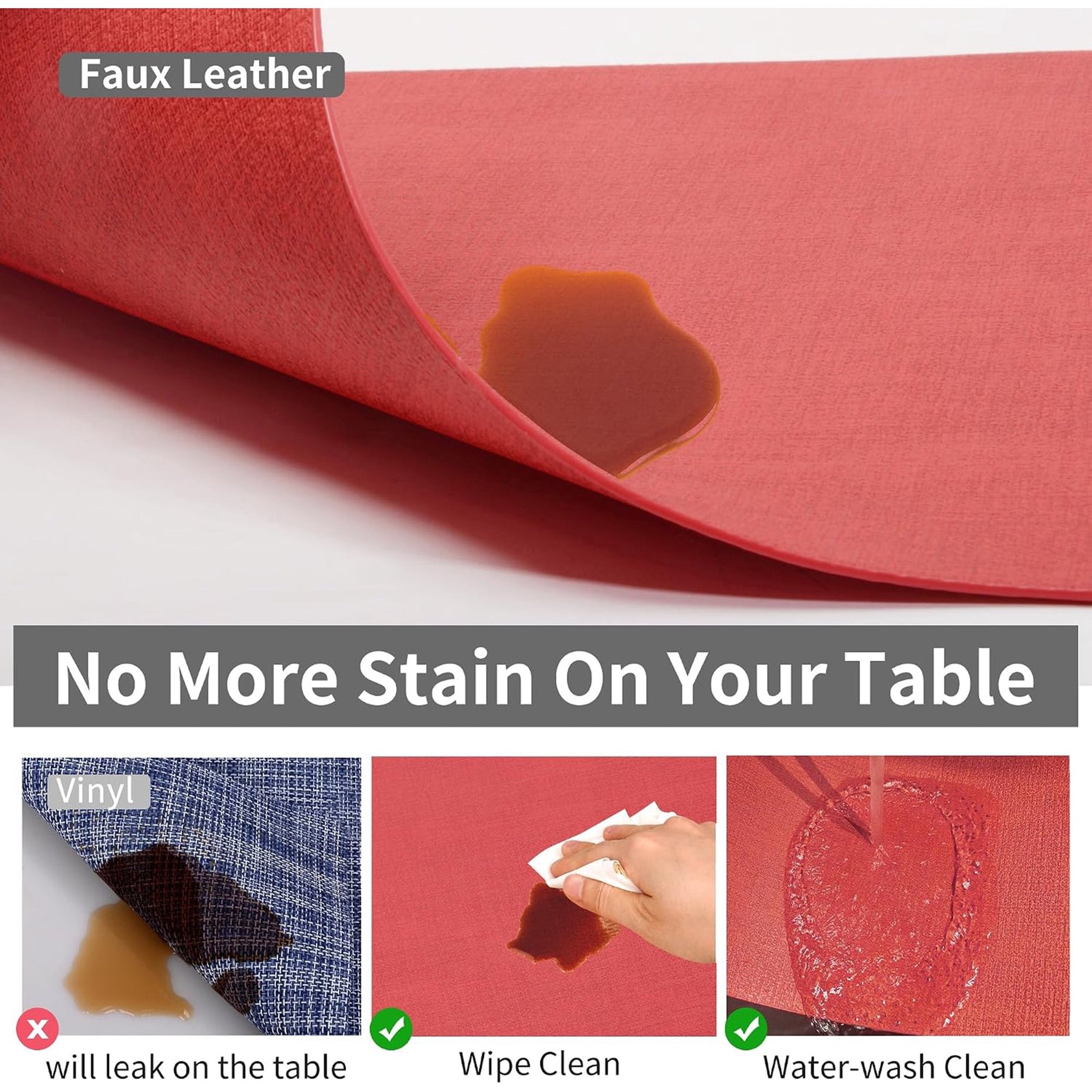 Lifestance Faux Leather Placemats Set of 6, Waterproof Heat Resistant Non Slip Dining Table Mats, 17x12 inch Rectangle Light Red, Indoor Outdoor Use