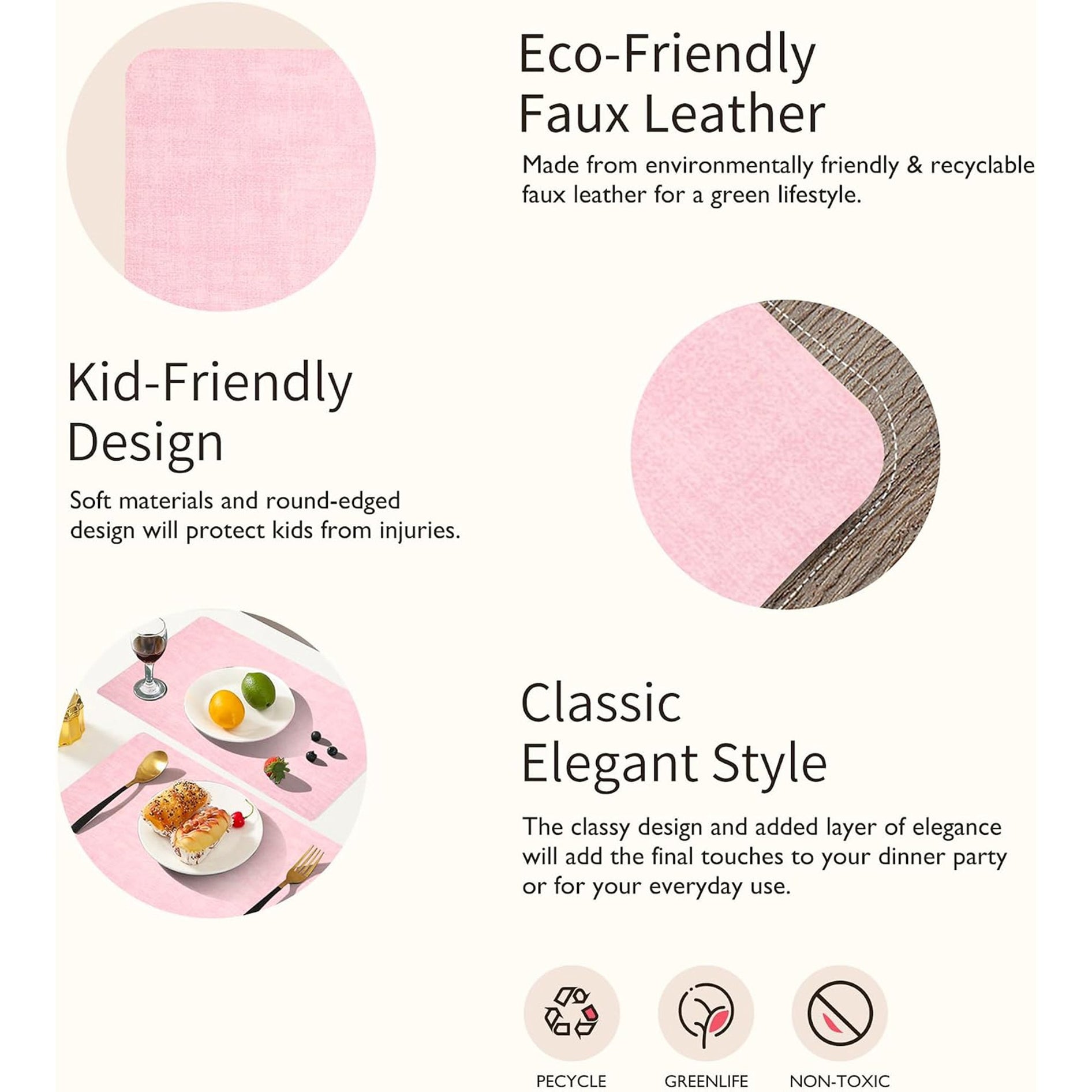 Lifestance Faux Leather Placemats Set of 6, Waterproof Heat Resistant Non Slip Dining Table Mats, 17x12 inch Rectangle Light Pink, Indoor Outdoor Use