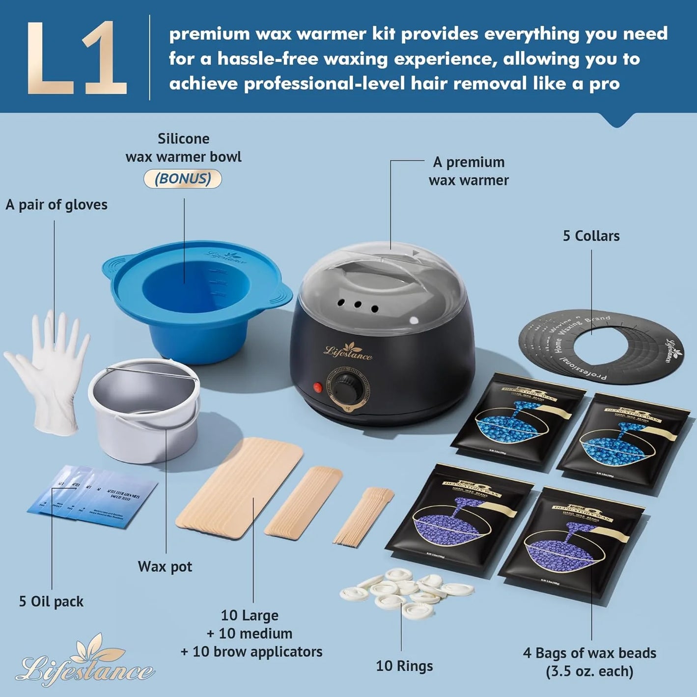 Lifestance Hair Removal Waxing Kit for Women & Men - Professional Hard Wax Warmer with Natural Wax Beads for Full Body, Face, Bikini & Underarms
