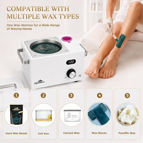 Lifestance 3L Professional Digital Wax Pot Warmer Kit for Spa Salon & Home, White Wax Heater with LED Temperature Control, 100 Sticks & 200 Wax Strips