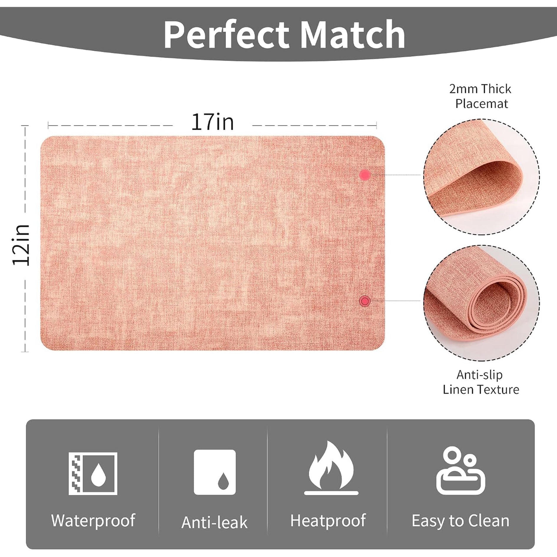 Lifestance Faux Leather Placemats Set of 6, Waterproof Heat Resistant Non Slip Dining Table Mats, 17x12 inch Rectangle Peachy Pink, Indoor Outdoor Use