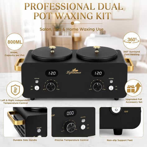 Lifestance 1.6L Professional Digital Double Wax Pots Warmer Kit for Spa Salon & Home Hair Removal, Black Wax Heater with Dual LCD Temperature Control