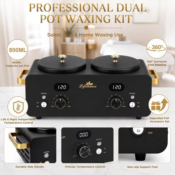 Lifestance 1.6L Professional Digital Double Wax Pots Warmer Kit for Spa Salon & Home Hair Removal, Black Wax Heater with Dual LCD Temperature Control