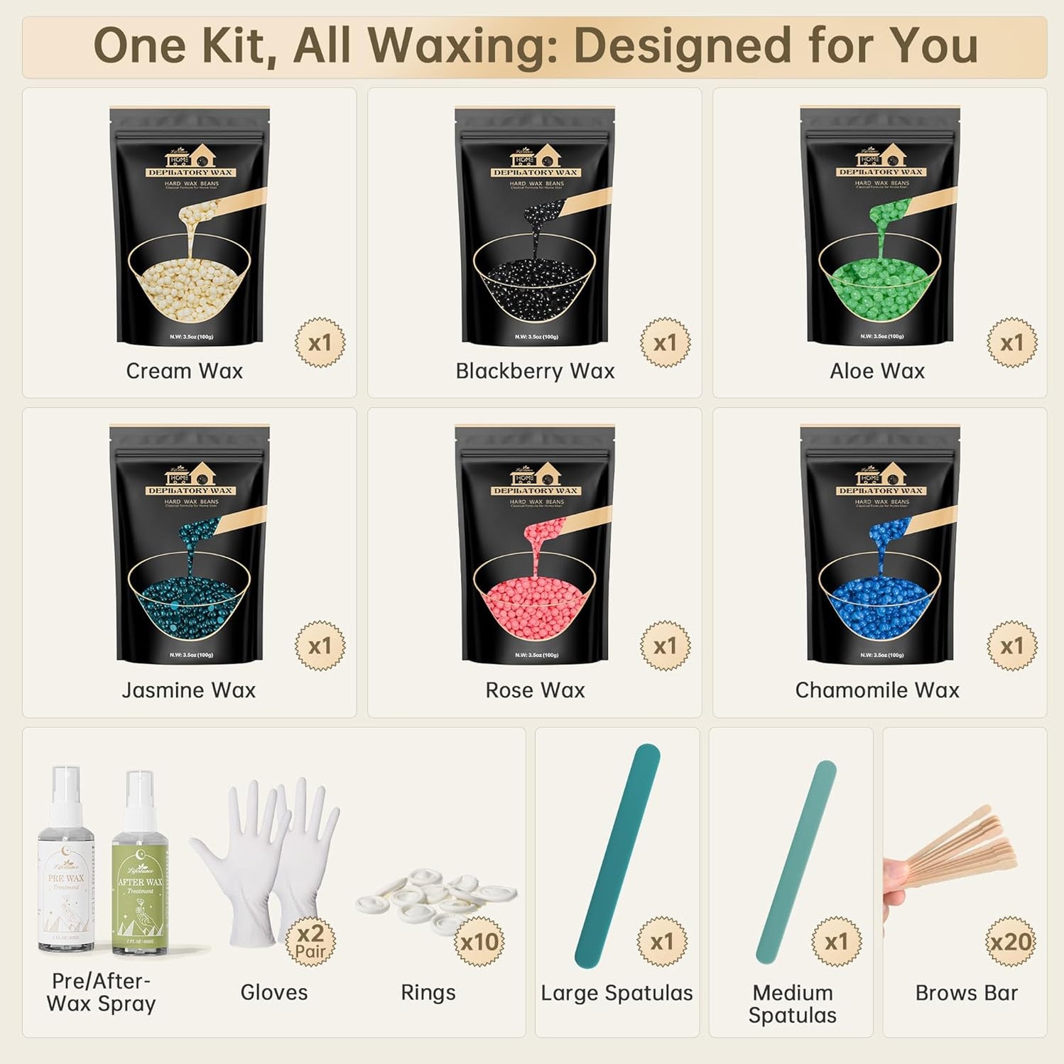 Lifestance Wax Beads Set, 6 Kinds of Waxing Beads, Hard Wax Beans with 44 Items, Perfect for Any Wax Warmers, Wax Beads for Hair Removal for Full Body Bikini Armpit Underarm Eyebrow Face Leg