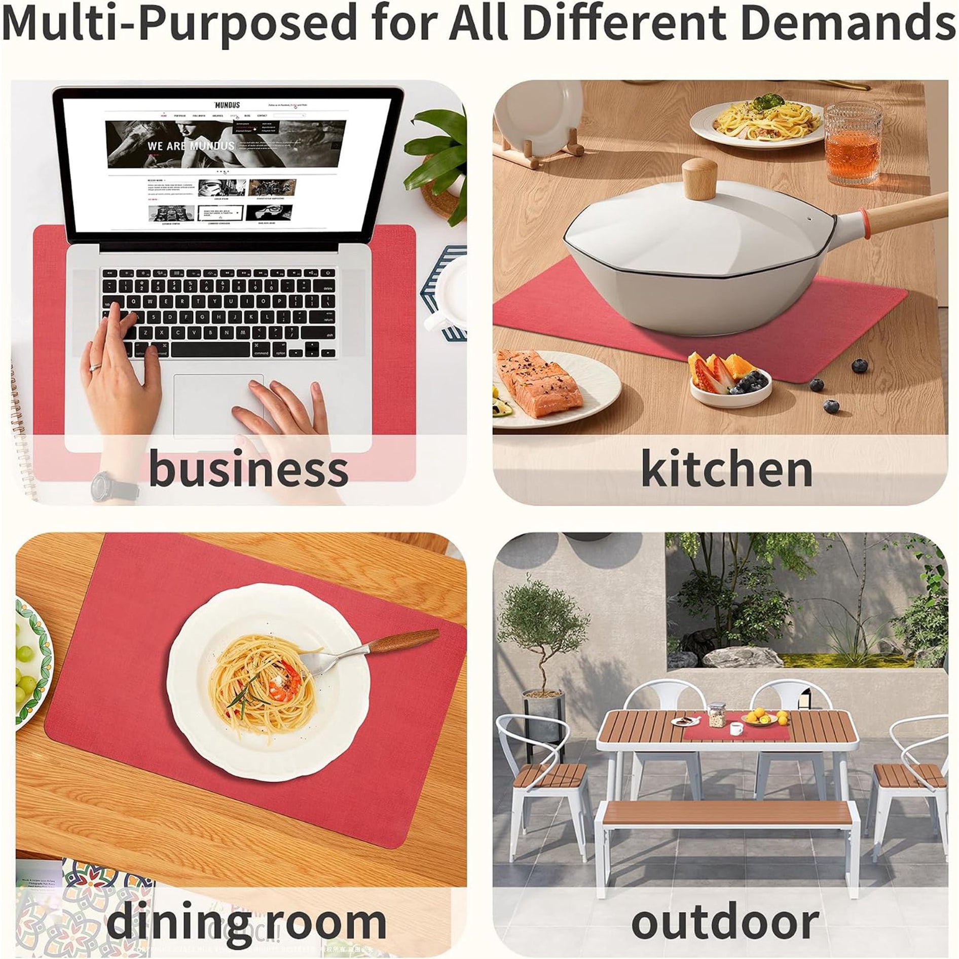 Lifestance Faux Leather Placemats Set of 6, Waterproof Heat Resistant Non Slip Dining Table Mats, 17x12 inch Rectangle Light Red, Indoor Outdoor Use