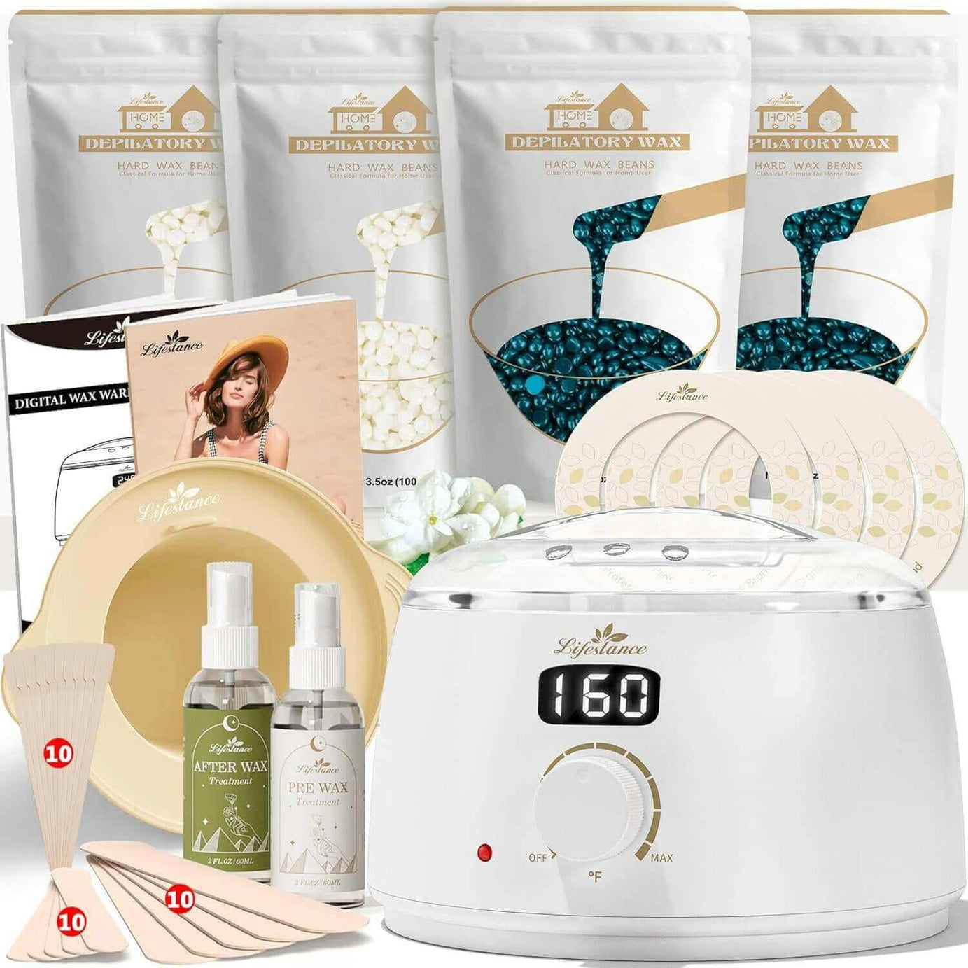 Lifestance All-in-One Home Waxing Kit - L2 Digital Wax Warmer Haarentfernungsgerät - 4 Packungen Wachsperlen (insgesamt 14,1 oz) mit 42 Artikeln - Professionelle Wachstöpfe für alle Haartypen - Augenbrauen - Gesicht - Bikini