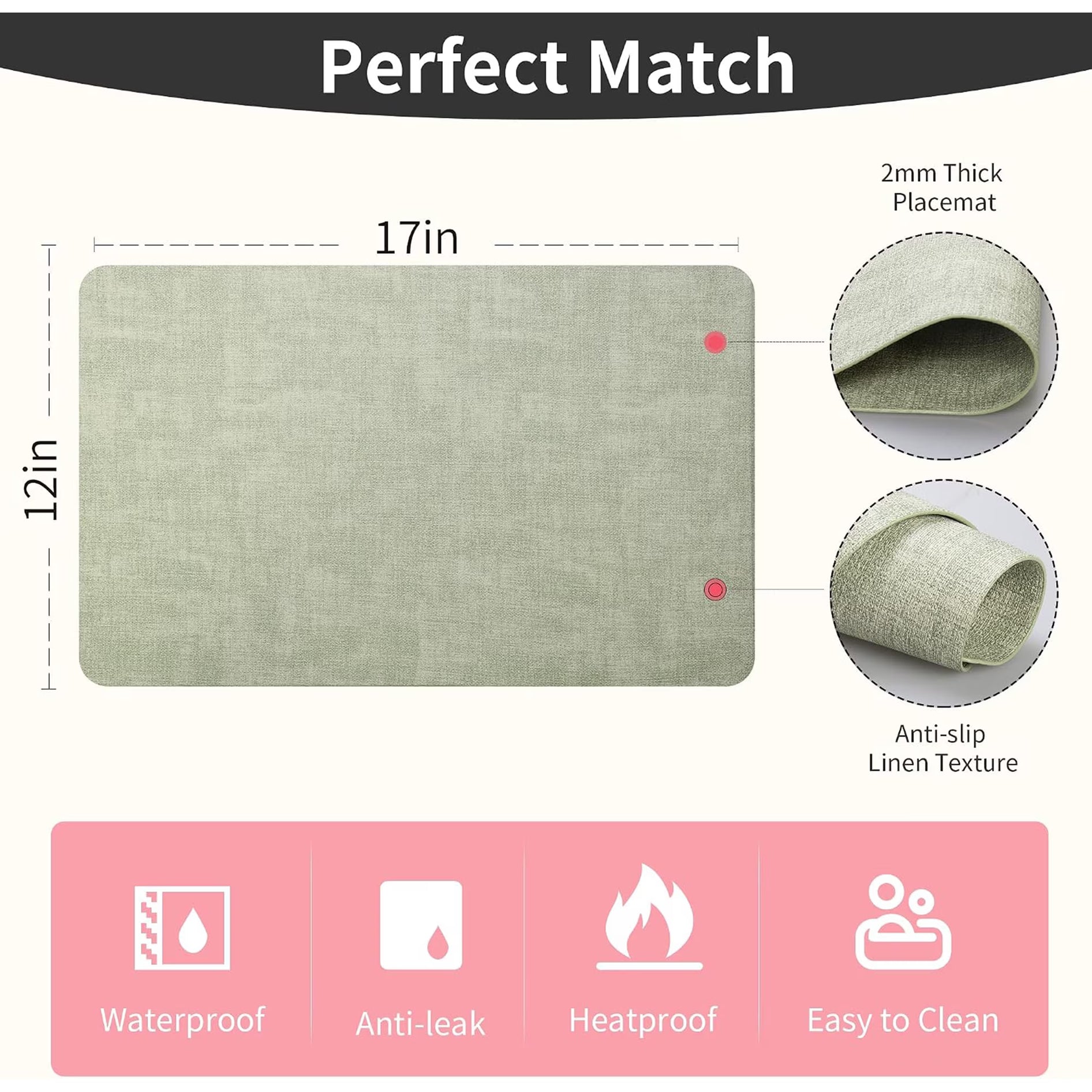 Lifestance Faux Leather Placemats Set of 6, Waterproof Heat Resistant Non Slip Dining Table Mats, 17x12 inch Rectangle Sage Green, Indoor Outdoor Use
