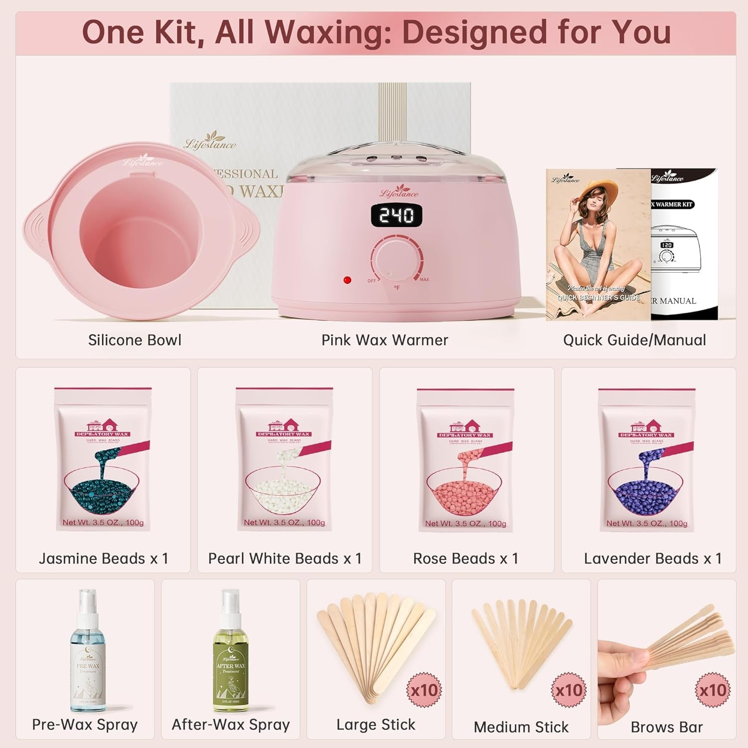 Lifestance Hair Removal Waxing Kit for Women & Men, Pink Digital Wax Warmer with Silicone Liner, 14.1oz Hard Wax Beads, Oil Spray, Full Body Use