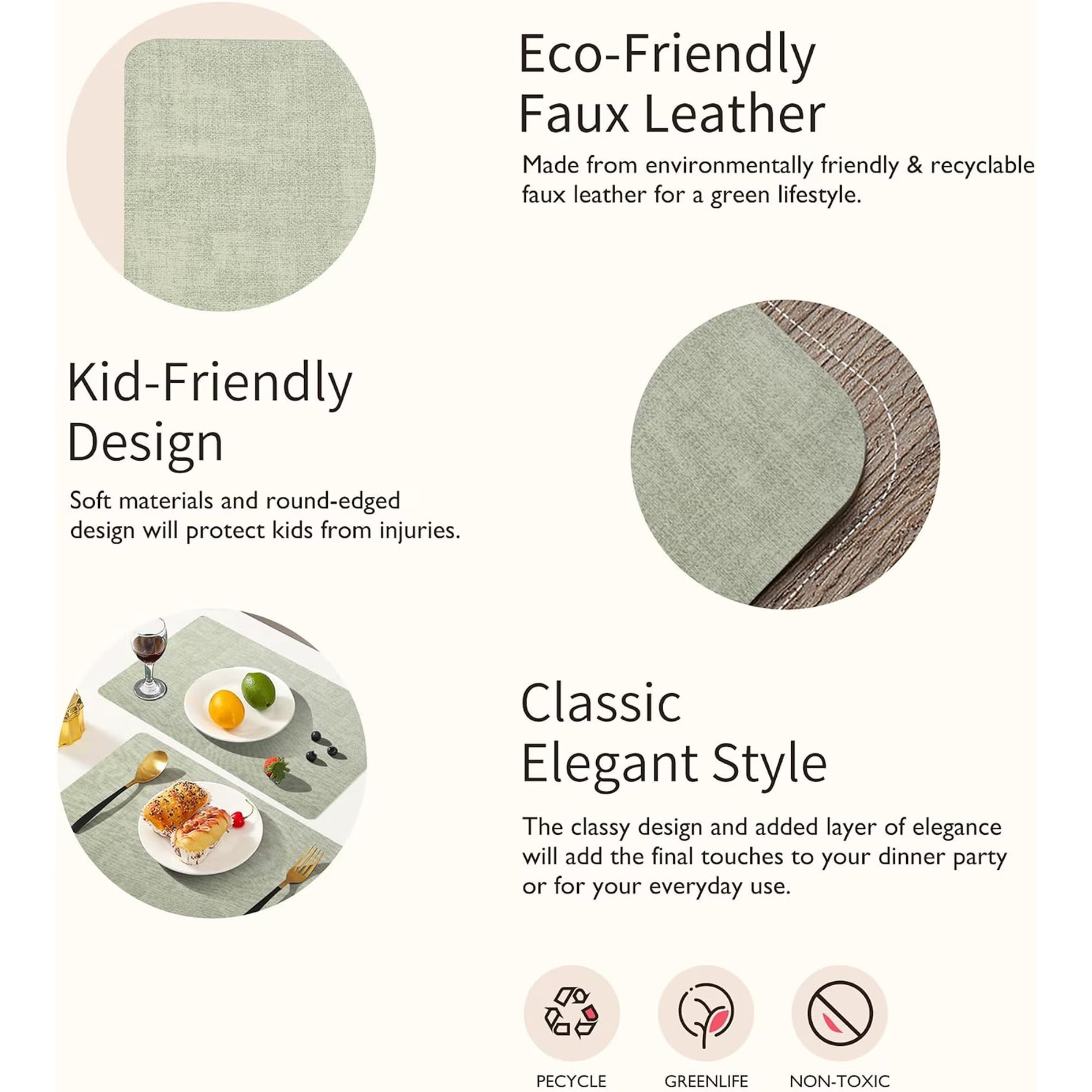 Lifestance Faux Leather Placemats Set of 6, Waterproof Heat Resistant Non Slip Dining Table Mats, 17x12 inch Rectangle Sage Green, Indoor Outdoor Use