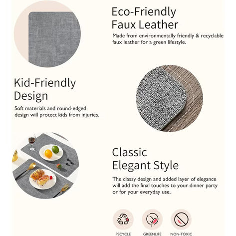 Lifestance Faux Leather Placemats Set of 6, Waterproof Heat Resistant Non Slip Dining Table Mats, 17x12 inch Rectangle Grey, Indoor Outdoor Use