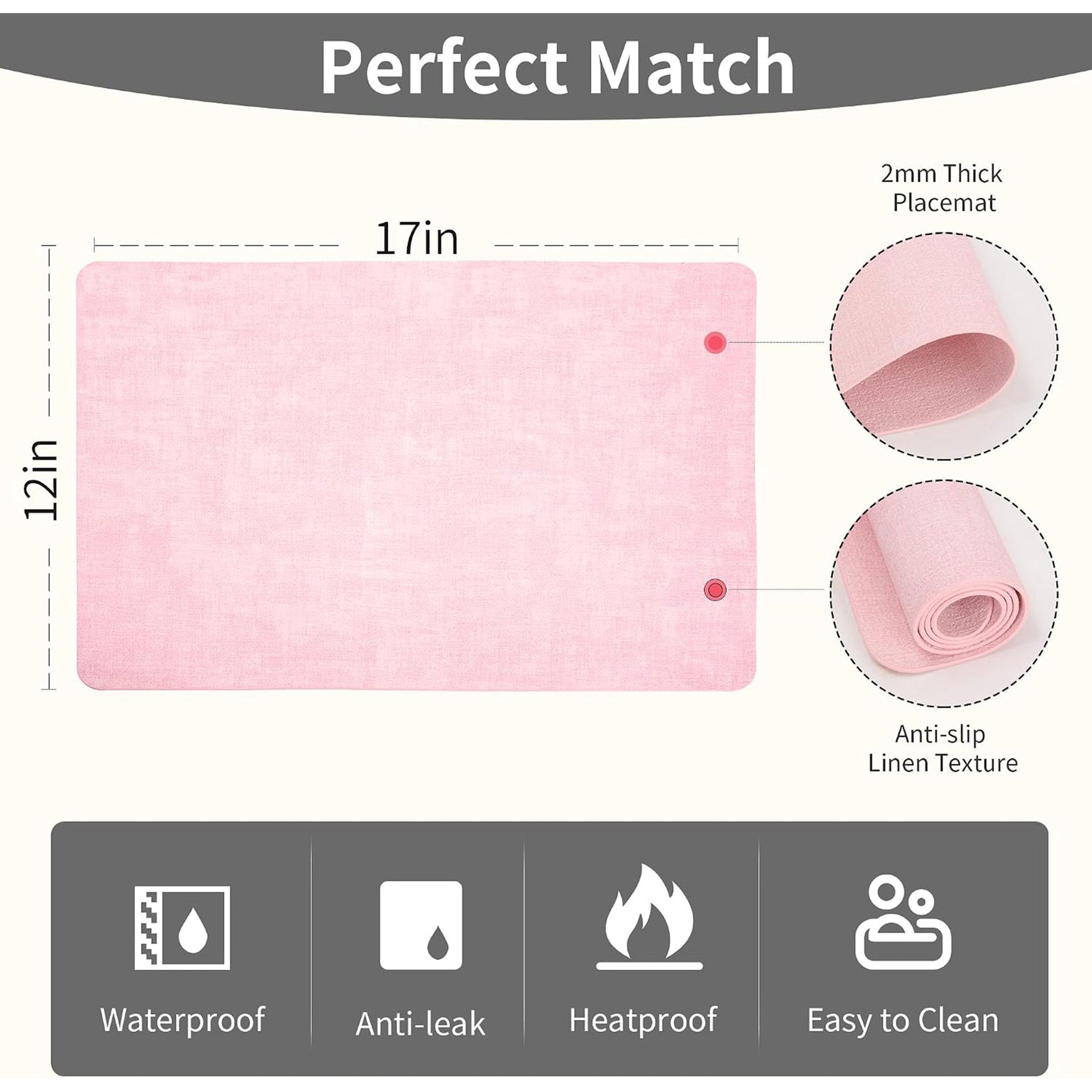 Lifestance Faux Leather Placemats Set of 6, Waterproof Heat Resistant Non Slip Dining Table Mats, 17x12 inch Rectangle Light Pink, Indoor Outdoor Use