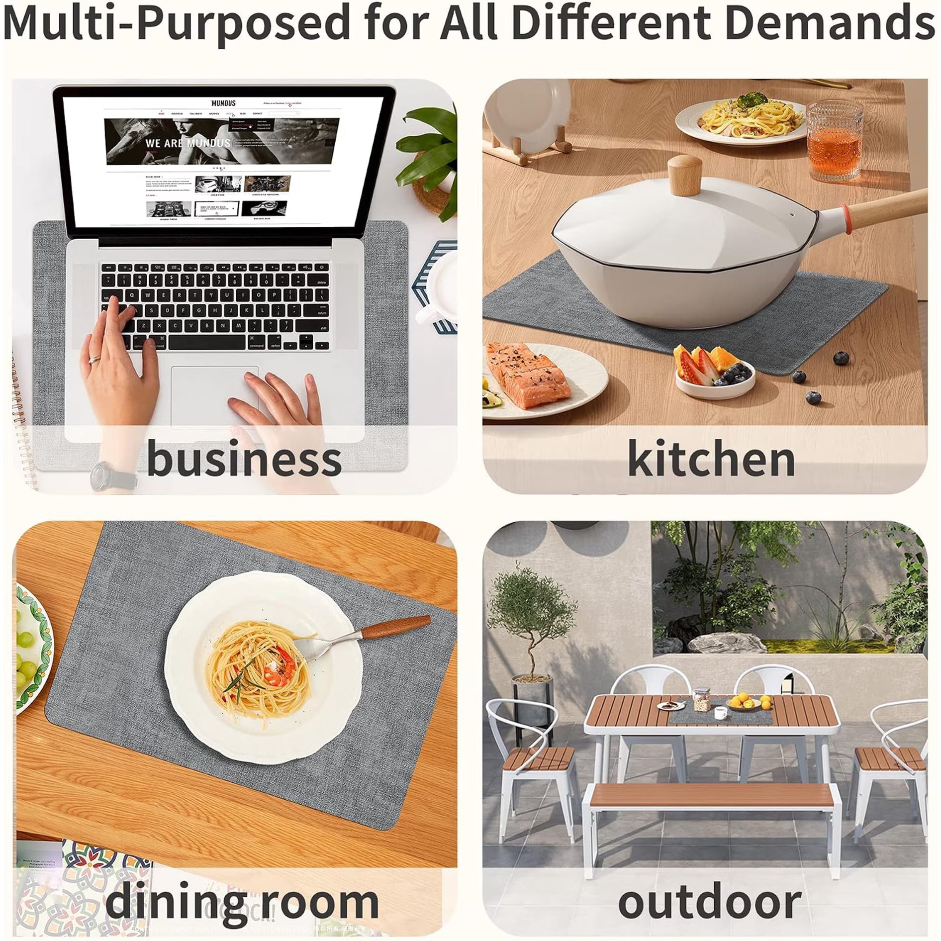 Lifestance Faux Leather Placemats Set of 6, Waterproof Heat Resistant Non Slip Dining Table Mats, 17x12 inch Rectangle Grey, Indoor Outdoor Use