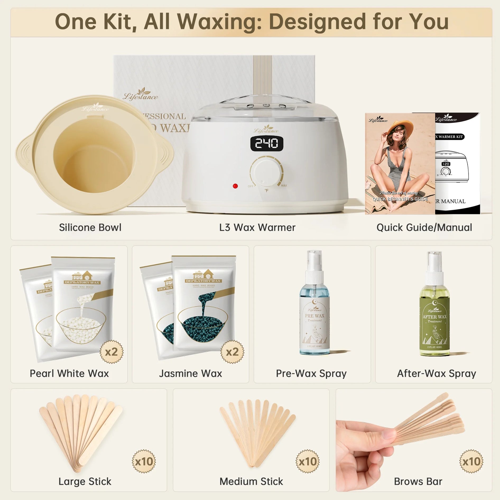 Lifestance Hair Removal Waxing Kit for Women & Men, at Home Use Digital Wax Warmer 4 Bags Brazilian Hard Wax Beads for Sensitive Skin,Full Body, Face