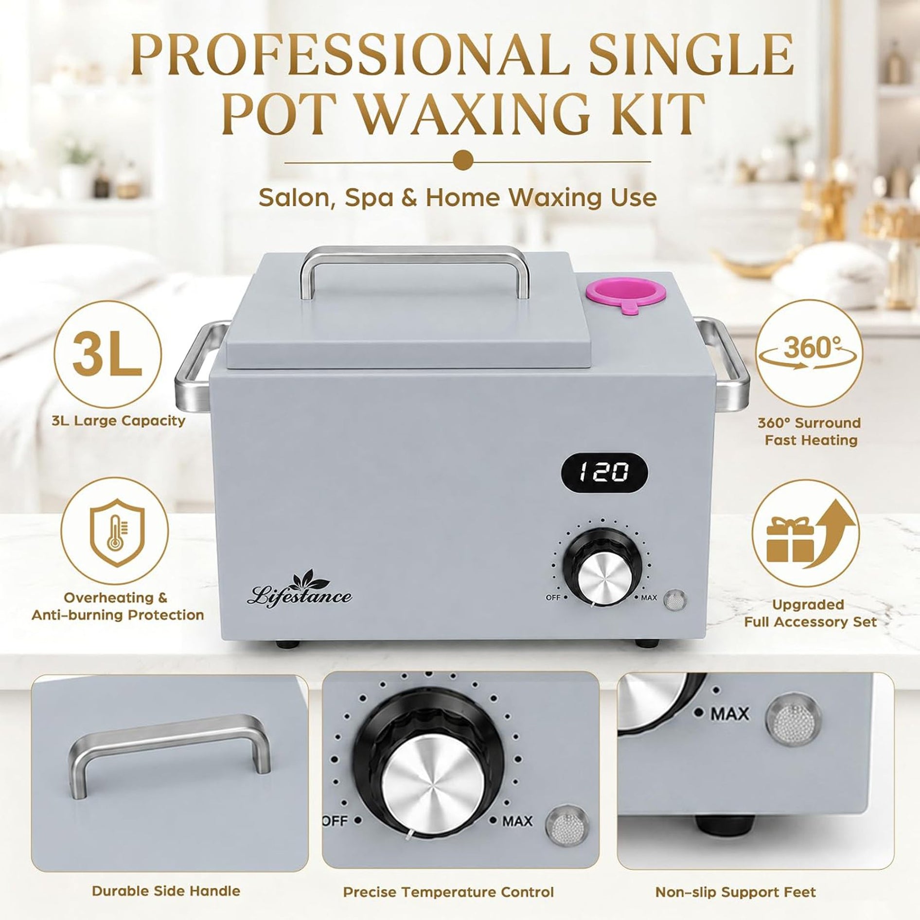 Lifestance 3L Professional Digital Wax Pot Warmer Kit for Spa Salon & Home,Silver Wax Heater with LED Temperature Control, 100 Sticks & 200 Wax Strips