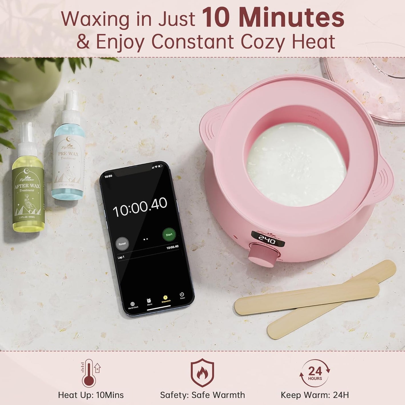 Lifestance Hair Removal Waxing Kit for Women & Men, Pink Digital Wax Warmer with Silicone Liner, 14.1oz Hard Wax Beads, Oil Spray, Full Body Use