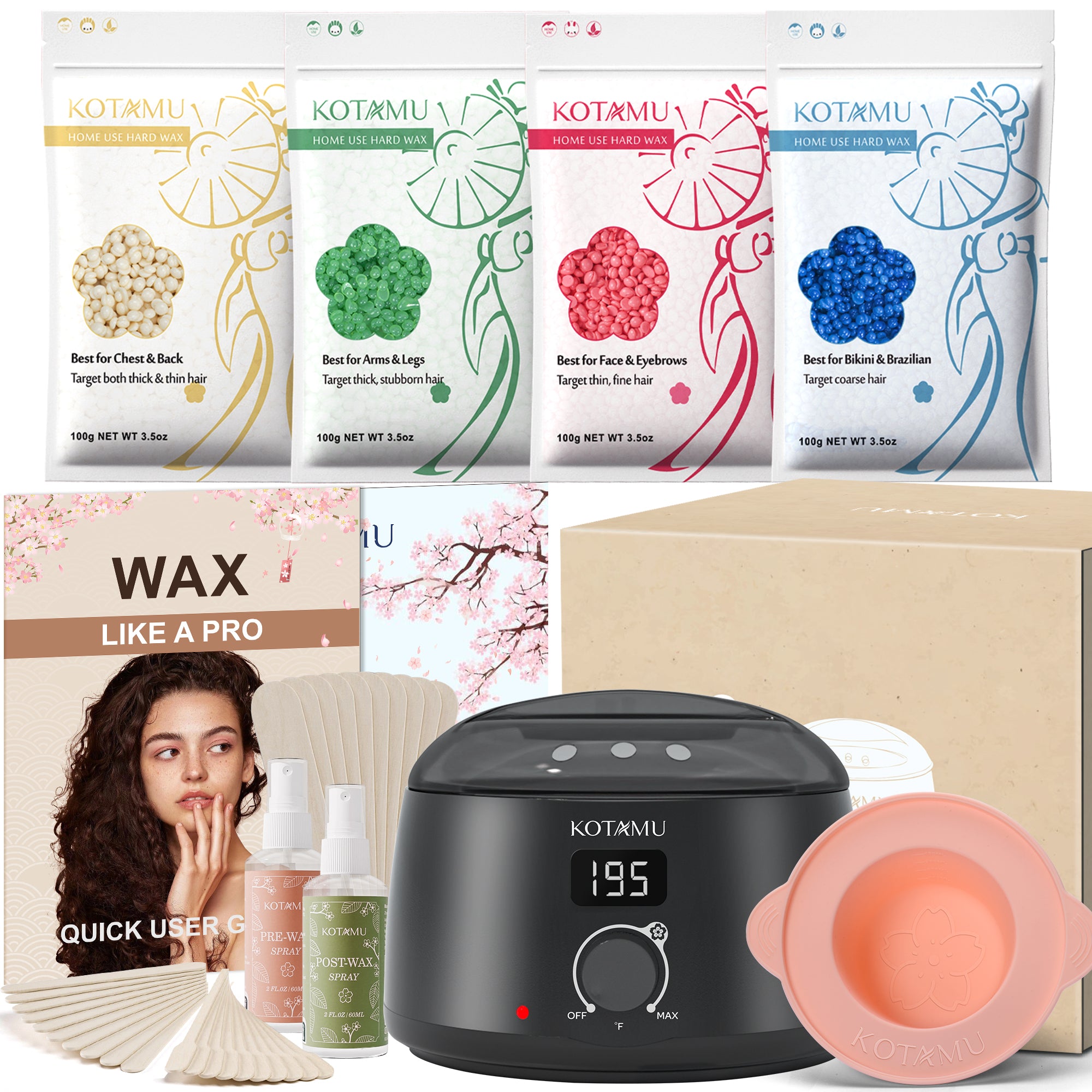 KOTAMU Digital Wax Warmer Kit for Hair Removal At Home for Women Sensitive Skin Brazilian Facial Hair Body with 4 Formulas Hard Wax Beads Target Different Type of Hair