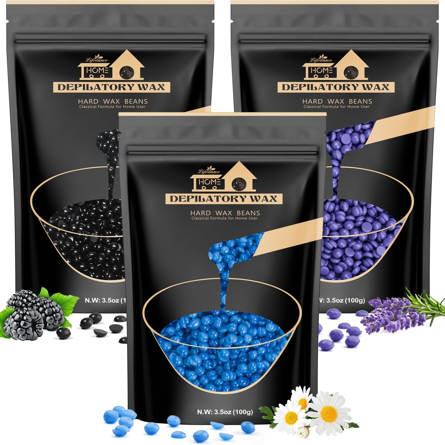 Lifestance Wax Beads, 3 Packs Waxing Beads, Hard Wax Beads (Lavender & Chamomile & Blackberry) Perfect for Any Wax Warmers, Wax Beads for Hair Removal for Whole Body, Bikini, Underarm, Arm, Legs