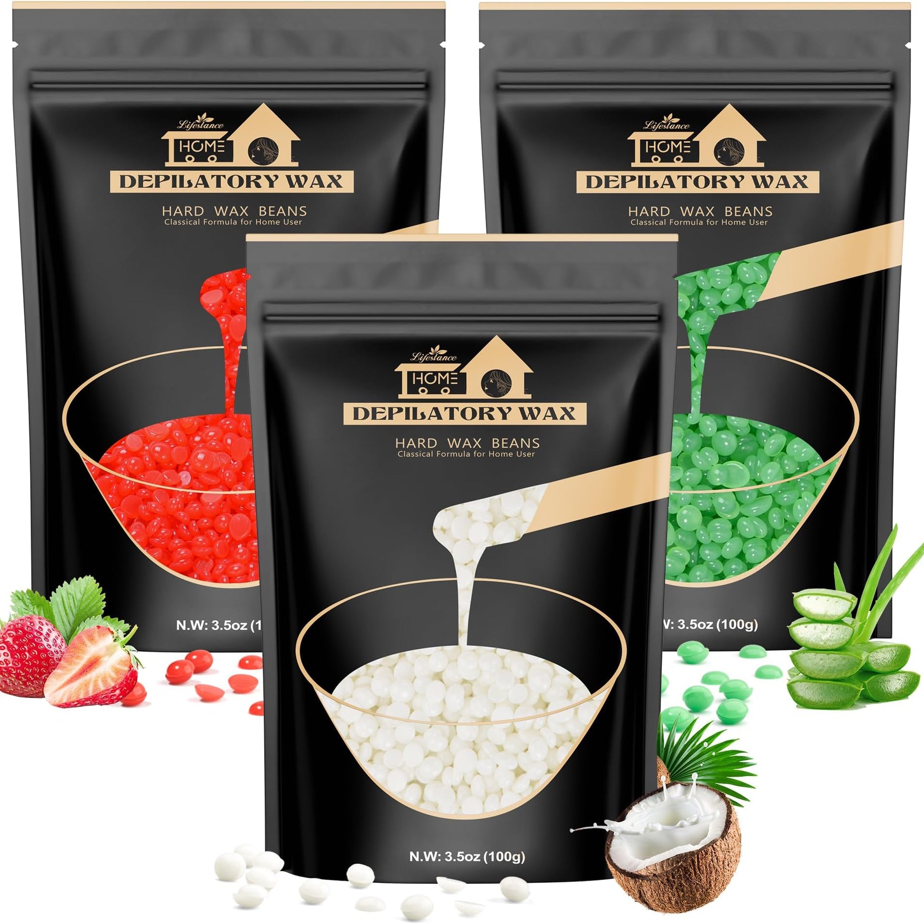 Lifestance Wax Beads, 3 Packs Waxing Beads, Hard Wax Beads with Aloe & Pearl-White & Strawberry, Perfect for Any Wax Warmers, Wax Beads for Hair Removal for Brazilian Bikini, Armpit, Face, Eyebrow