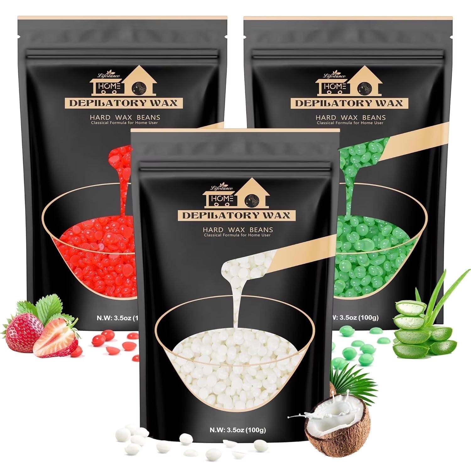 Lifestance Coconut Strawberry Aloe Vera 3 pack Hard Wax Beads Kit for Women at Home Face and Body Hair Removal, 10.6 oz