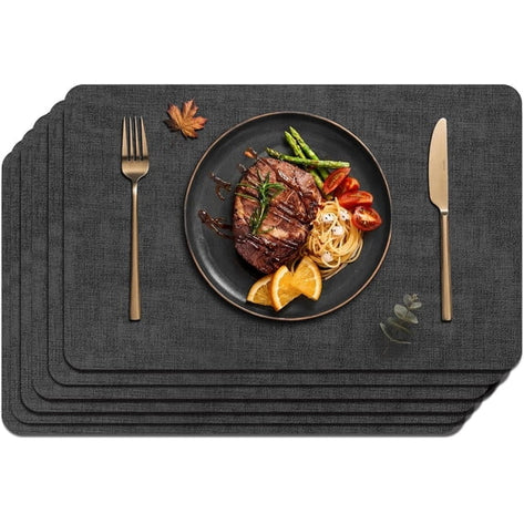 Lifestance Faux Leather Placemats Set of 6, Waterproof Heat Resistant Non Slip Dining Table Mats, 17x12 inch Rectangle Black, Indoor Outdoor Use