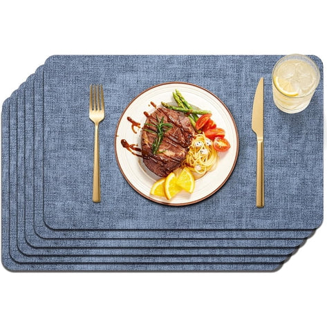Lifestance Faux Leather Placemats Set of 6, Waterproof Heat Resistant Non Slip Dining Table Mats, 17x12 inch Rectangle Blue, Indoor Outdoor Use