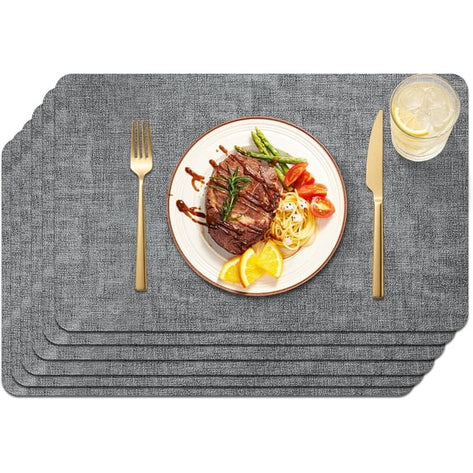 Lifestance Faux Leather Placemats Set of 6, Waterproof Heat Resistant Non Slip Dining Table Mats, 17x12 inch Rectangle Grey, Indoor Outdoor Use