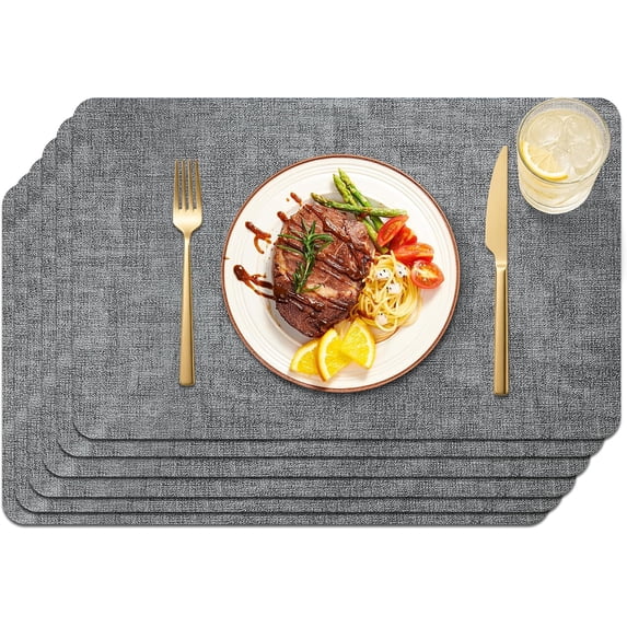 Lifestance Faux Leather Placemats Set of 6, Waterproof Heat Resistant Non Slip Dining Table Mats, 17x12 inch Rectangle Grey, Indoor Outdoor Use