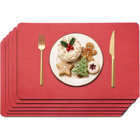 Lifestance Faux Leather Placemats Set of 6, Waterproof Heat Resistant Non Slip Dining Table Mats, 17x12 inch Rectangle Light Red, Indoor Outdoor Use