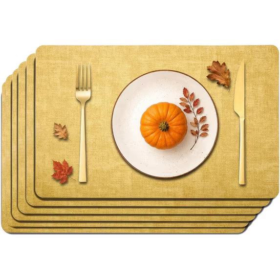 Lifestance Faux Leather Placemats Set of 6, Waterproof Heat Resistant Non Slip Dining Table Mats, 17x12 inch Rectangle Yellow, Indoor Outdoor Use