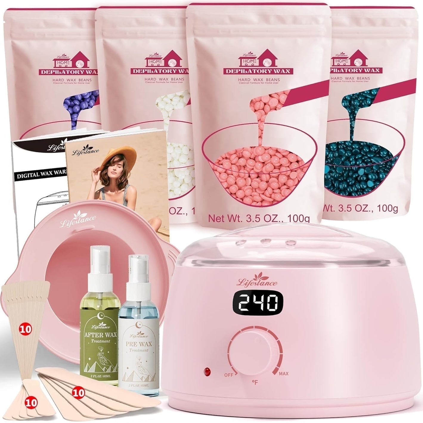 Lifestance Hair Removal Waxing Kit for Women & Men, Pink Digital Wax Warmer with Silicone Liner, 14.1oz Hard Wax Beads, Oil Spray, Full Body Use