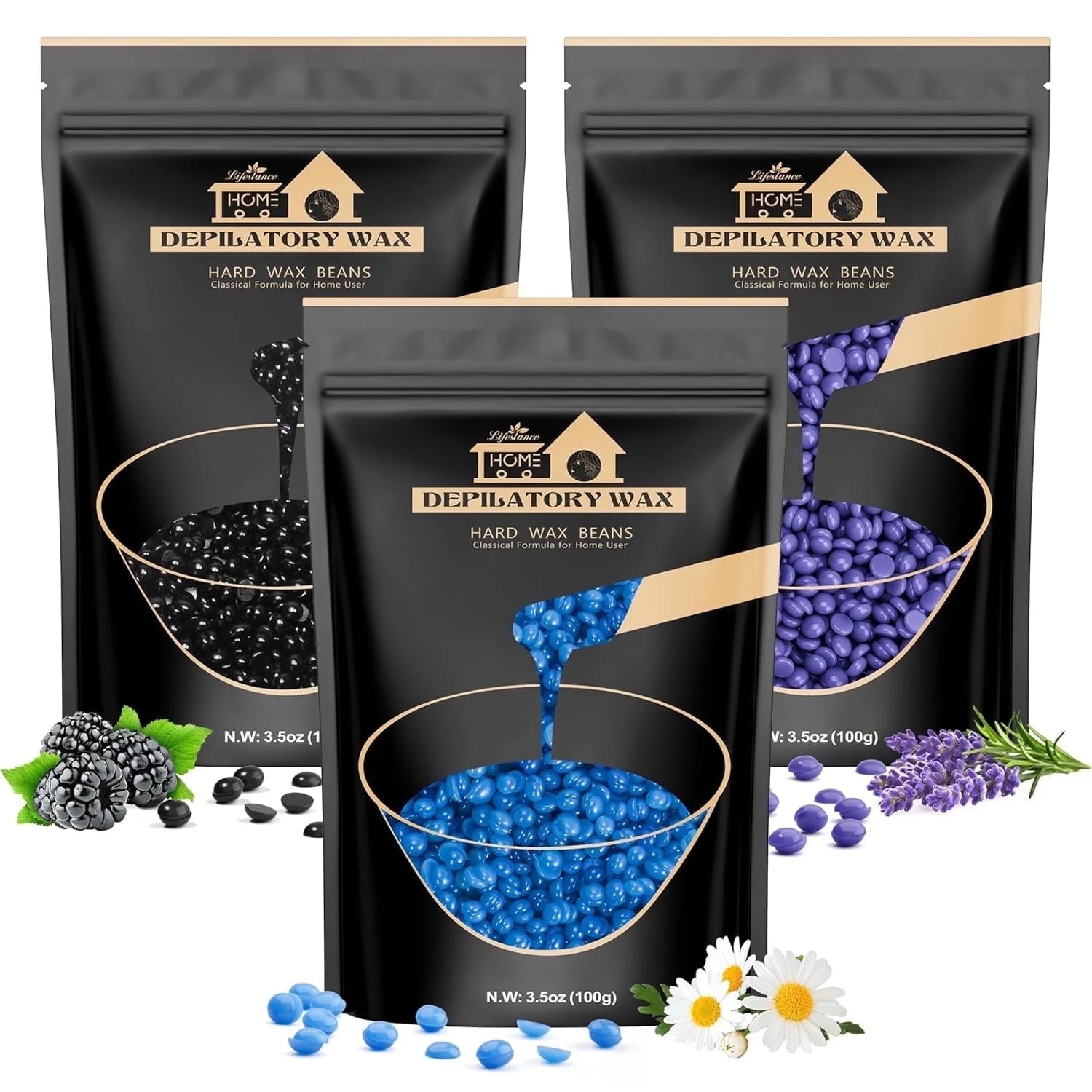 Lifestance Wax Beads 3 packs Sampler Kit, Hard Wax Beads (Lavender, Chamomile, Blackberry) for Hair Removal Whole Body, Bikini, Underarm, Legs