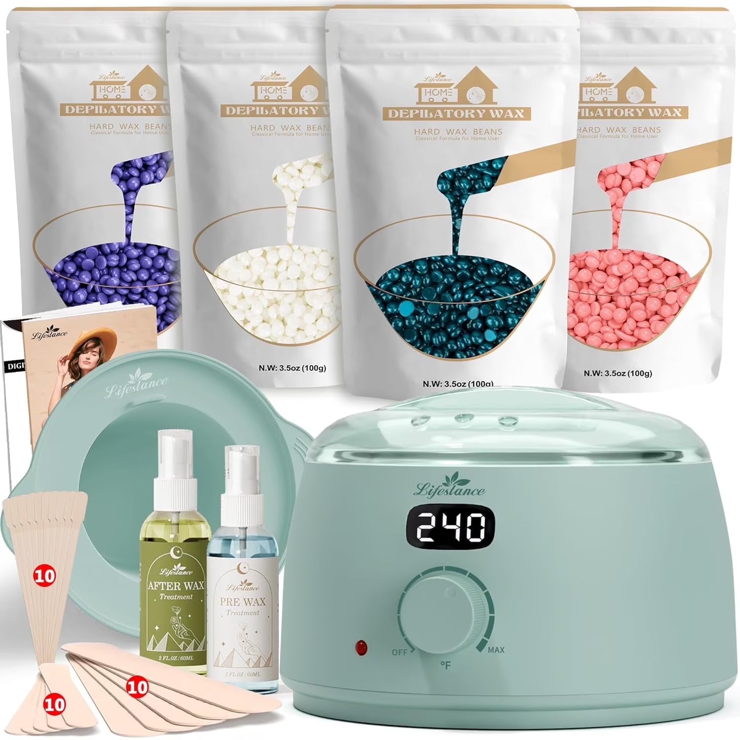 Lifestance Hair Removal Waxing Kit for Women & Men, at Home Use Velvimint Digital Warmer with 4 Bags 3.5 oz Wax Beads for Full Body Coarse, Fine Hair