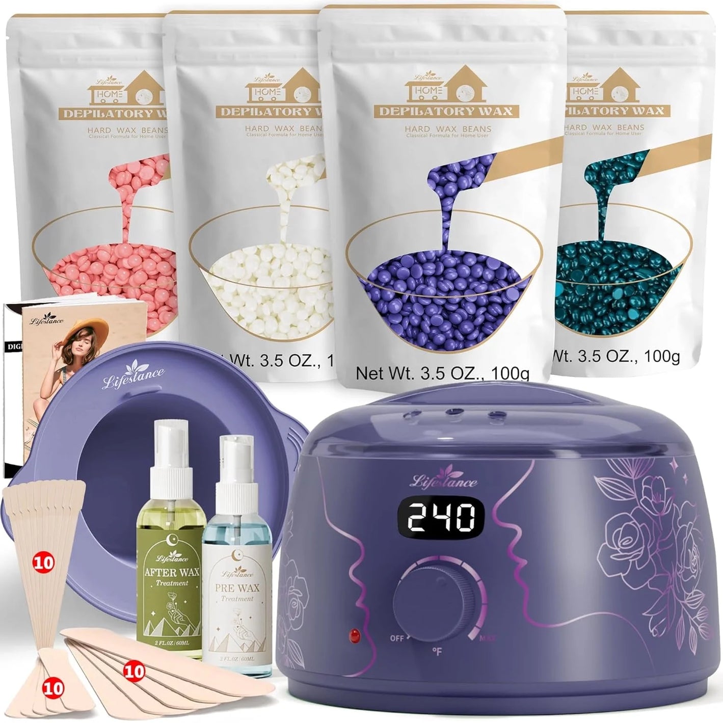 Lifestance Waxing Kit for Women & Men, L3 Amethyst Digital Wax Warmer 14.1oz Hard Wax Beads & Oil Spray for Brazilian, Bikini, Face Body Hair Removal