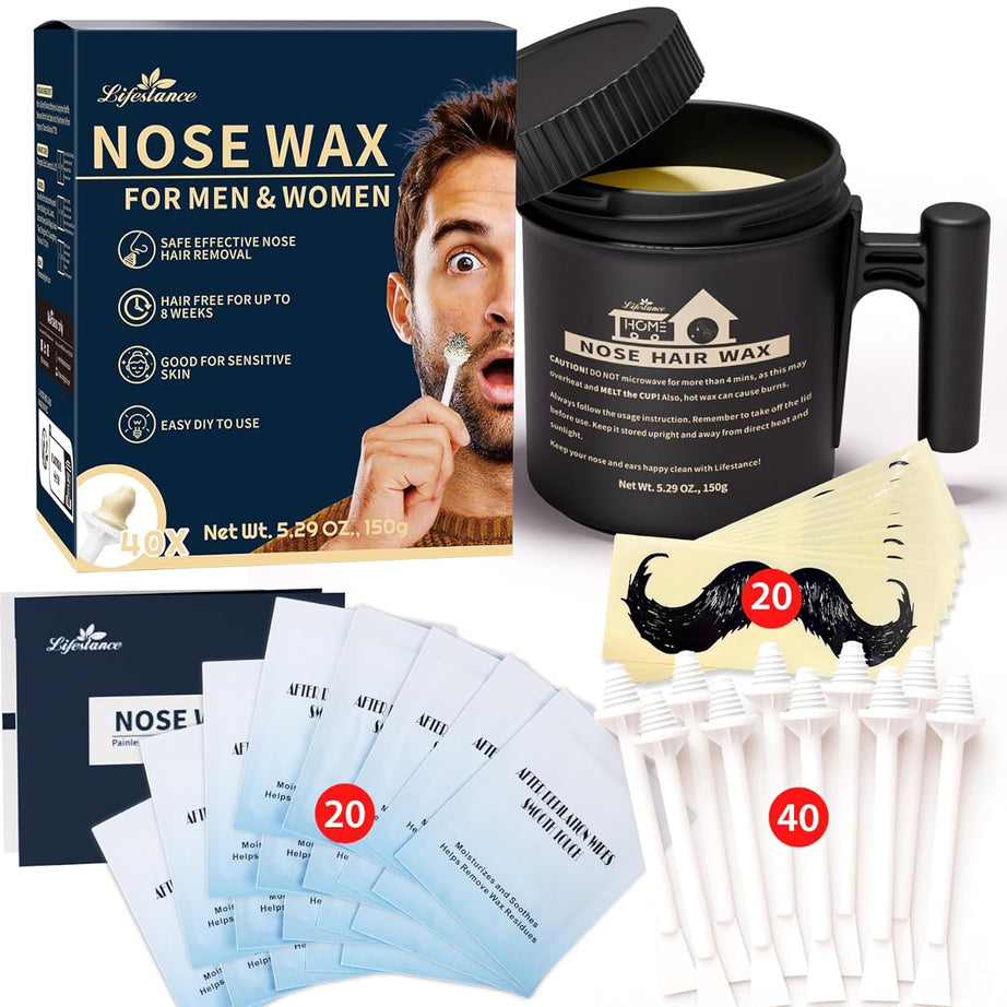 Lifestance Nostril Waxing Kit | 150g Wax | Large Capacity Nose Hair Wax Kit with 40 Applicators, 20-25 Uses | Nose Wax Kit for Women | Nose Hair Waxing Kit for Men with Balm Wipes and Mustache Guards