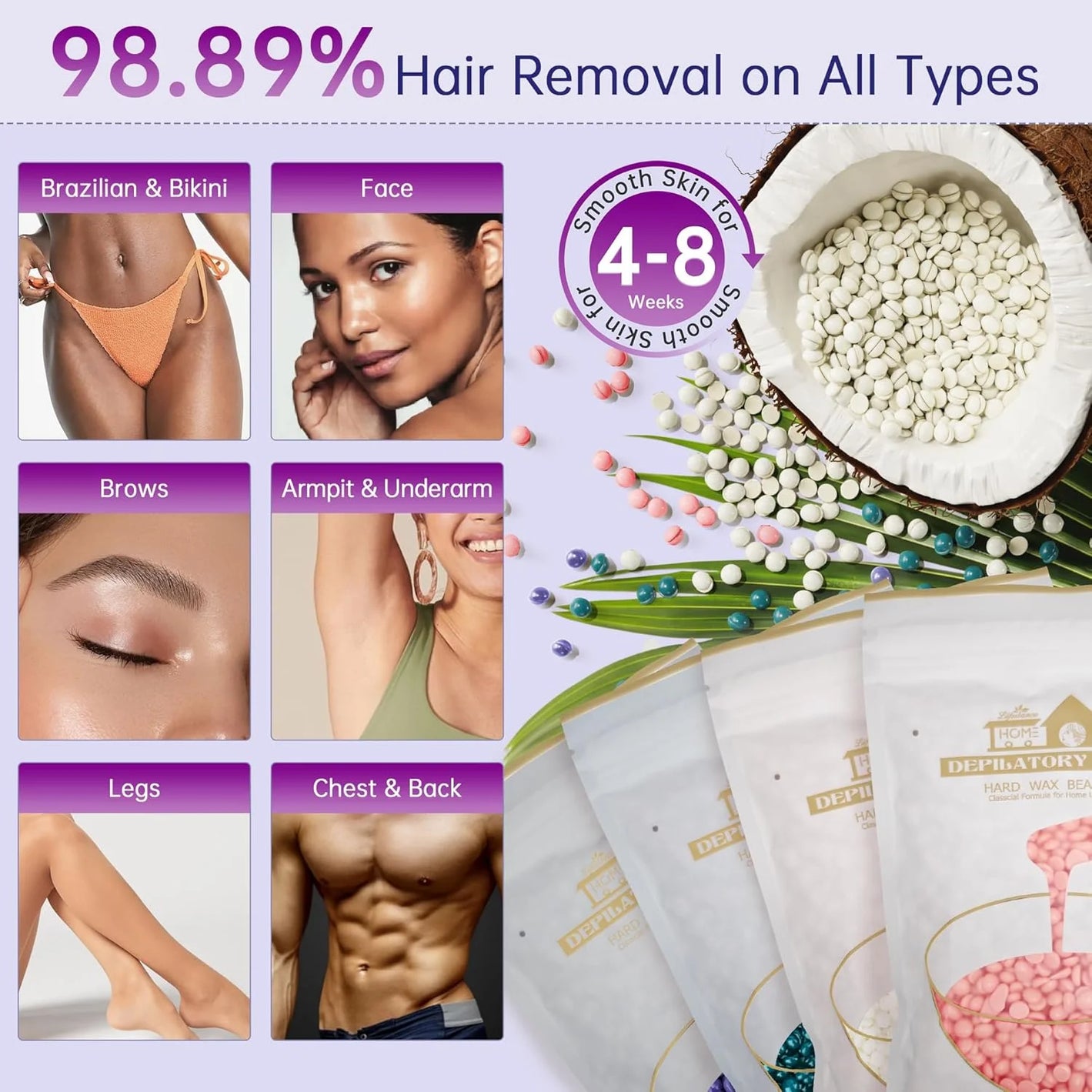 Lifestance Waxing Kit for Women & Men, L3 Amethyst Digital Wax Warmer 14.1oz Hard Wax Beads & Oil Spray for Brazilian, Bikini, Face Body Hair Removal