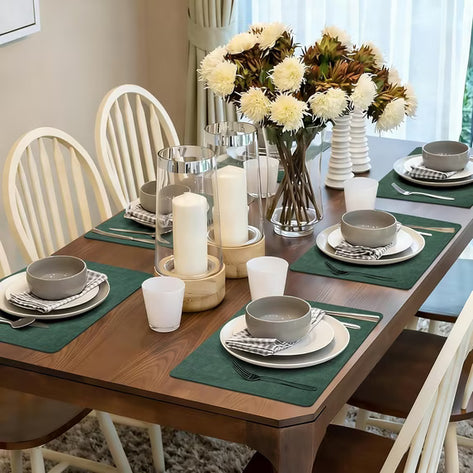Lifestance Faux Leather Placemats Set of 6, Waterproof Heat Resistant Non Slip Dining Table Mats, 17x12 inch Rectangle Dark Green, Indoor Outdoor Use