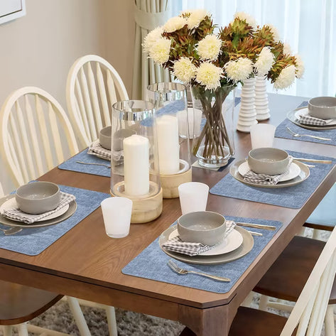 Lifestance Faux Leather Placemats Set of 6, Waterproof Heat Resistant Non Slip Dining Table Mats, 17x12 inch Rectangle Blue, Indoor Outdoor Use