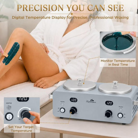 Lifestance 1.6L Professional Digital Double Wax Pots Warmer Kit for Spa Salon & Home Hair Removal, Silver Wax Heater with Dual LCD Temperature Control