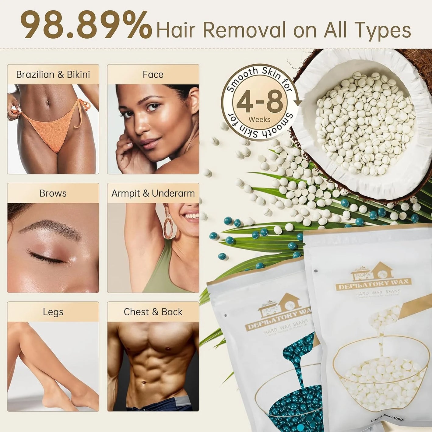 Lifestance Hair Removal Waxing Kit for Women & Men, at Home Use Digital Wax Warmer 4 Bags Brazilian Hard Wax Beads for Sensitive Skin,Full Body, Face