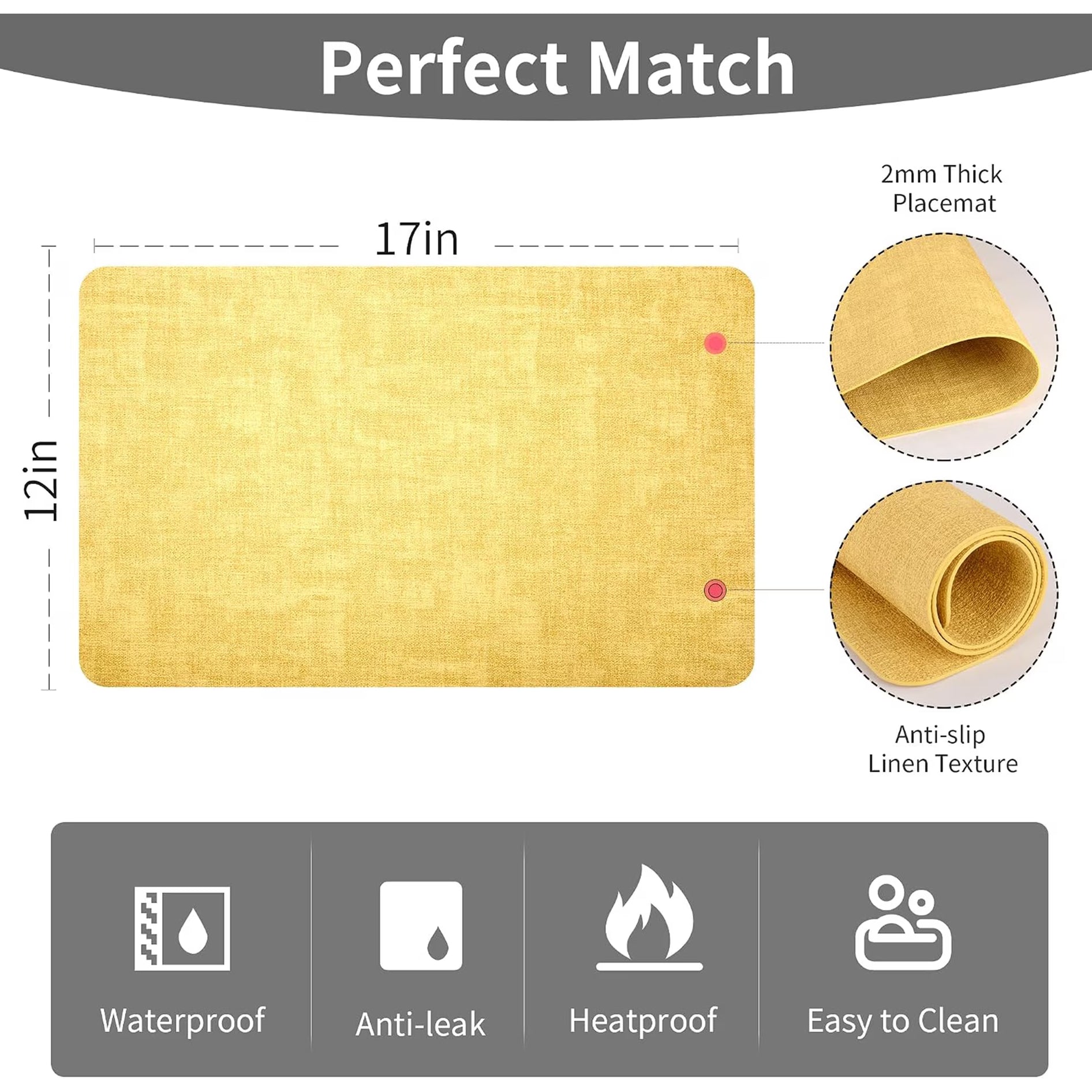 Lifestance Faux Leather Placemats Set of 6, Waterproof Heat Resistant Non Slip Dining Table Mats, 17x12 inch Rectangle Yellow, Indoor Outdoor Use