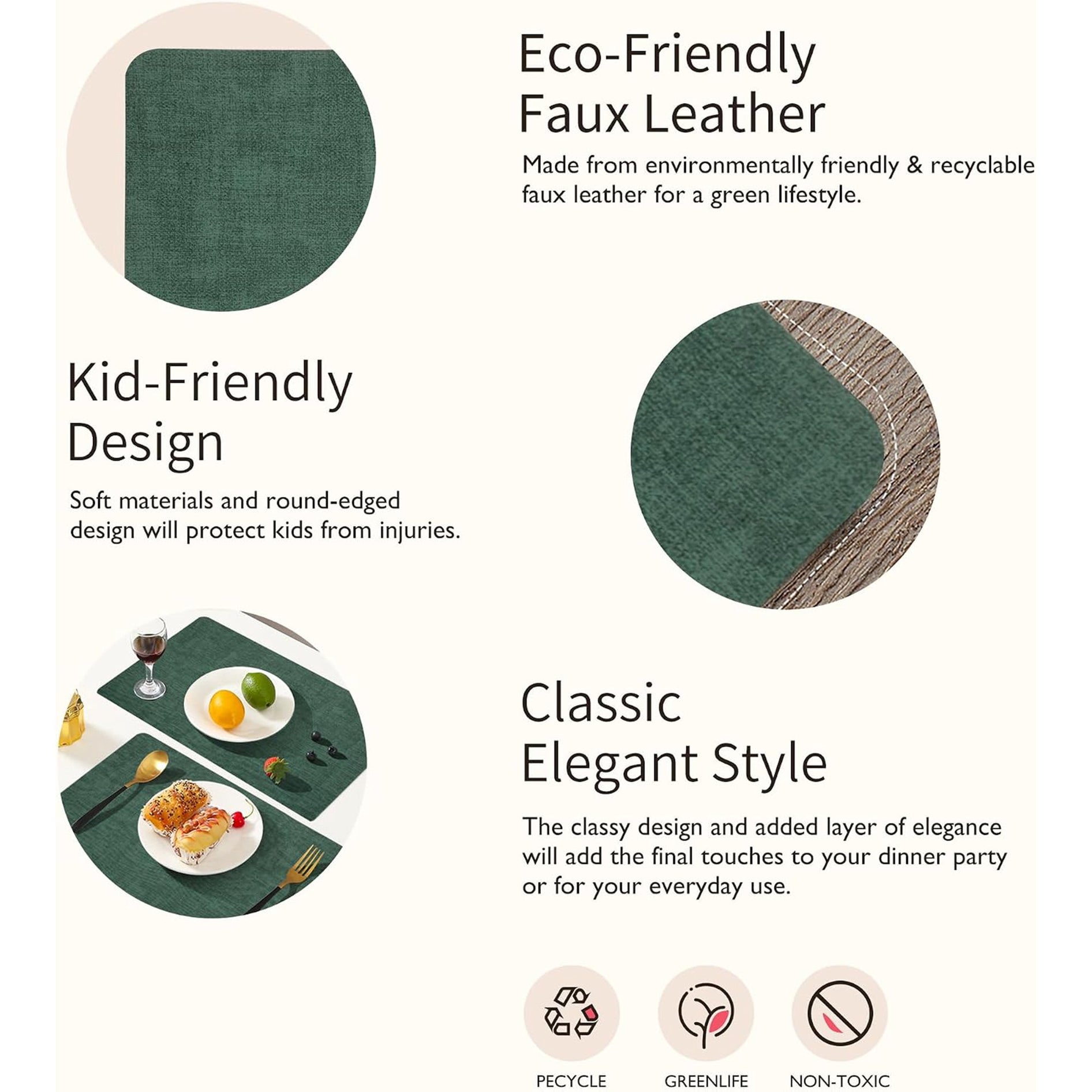 Lifestance Faux Leather Placemats Set of 6, Waterproof Heat Resistant Non Slip Dining Table Mats, 17x12 inch Rectangle Dark Green, Indoor Outdoor Use