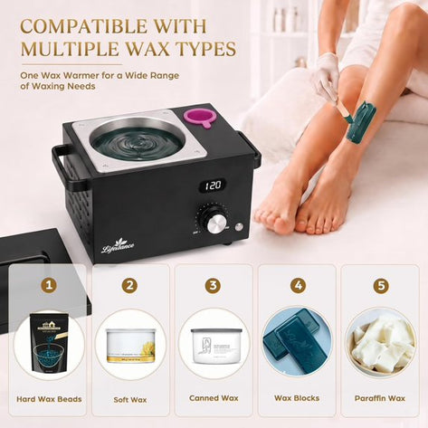 Lifestance 3L Professional Digital Wax Pot Warmer Kit for Spa Salon & Home, Black Wax Heater with LED Temperature Control, 100 Sticks & 200 Wax Strips