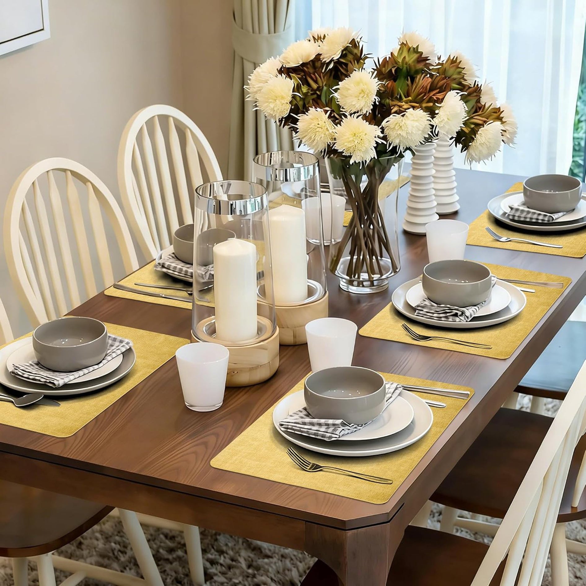 Lifestance Faux Leather Placemats Set of 6, Waterproof Heat Resistant Non Slip Dining Table Mats, 17x12 inch Rectangle Yellow, Indoor Outdoor Use