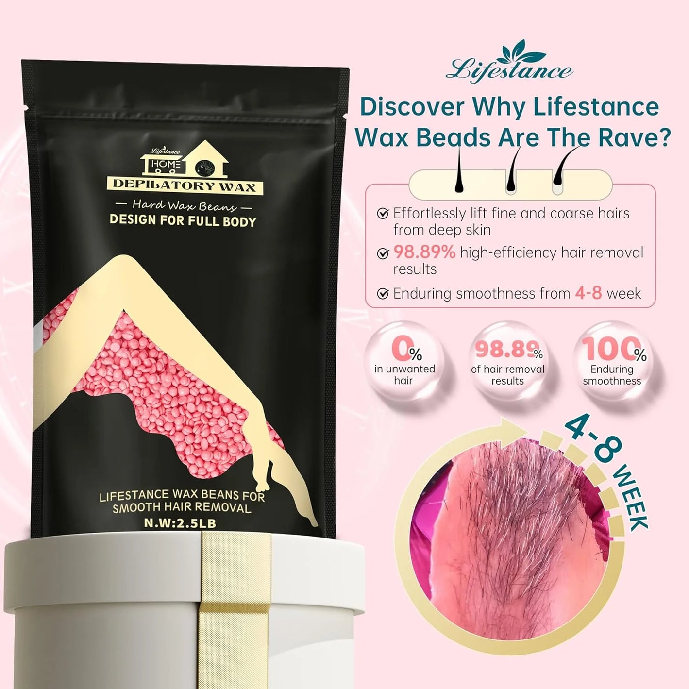 Lifestance 2.5lb/40oz Hard Brazilian Bikini Wax Beads Kit for at Home Sensitive Skin Hair Removal on Face, Body, Legs, Underarms, Eyebrow (Rose Pink)