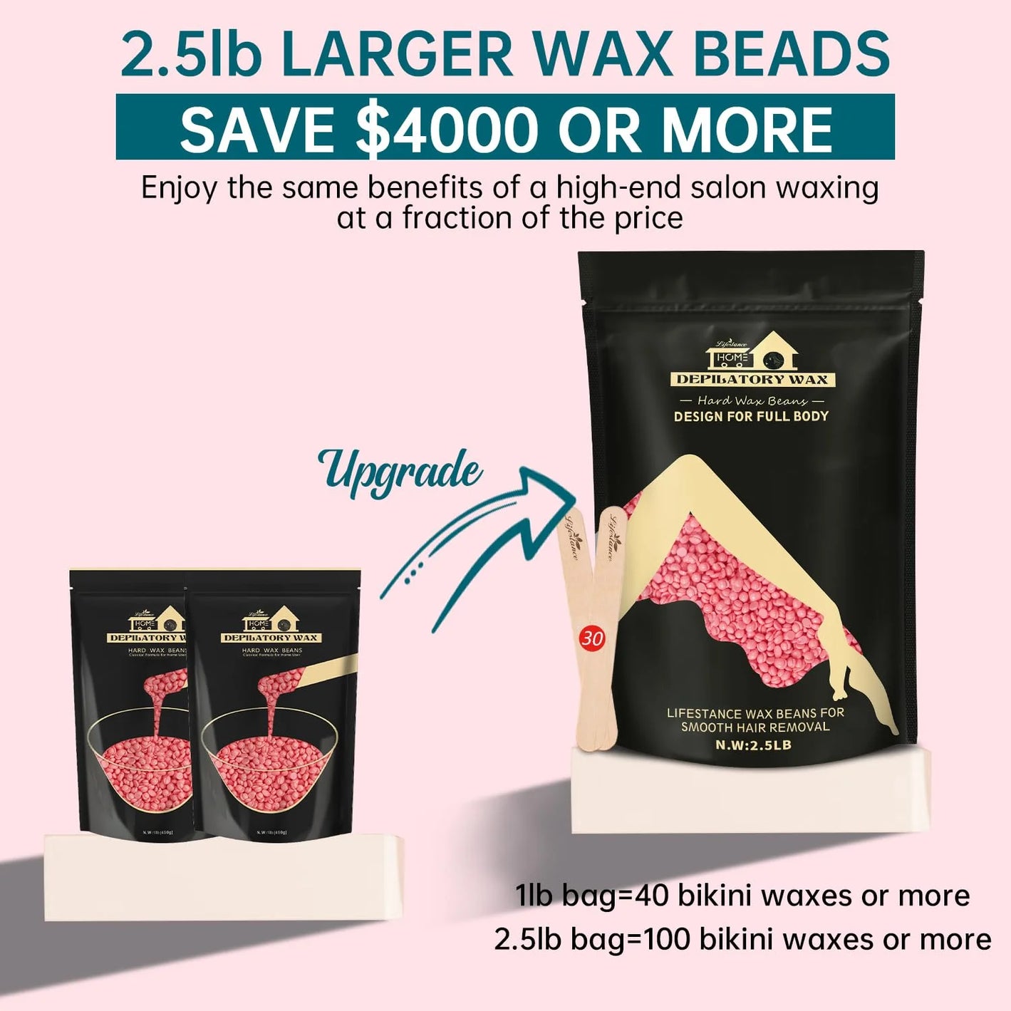 Lifestance 2.5lb/40oz Hard Brazilian Bikini Wax Beads Kit for at Home Sensitive Skin Hair Removal on Face, Body, Legs, Underarms, Eyebrow (Rose Pink)