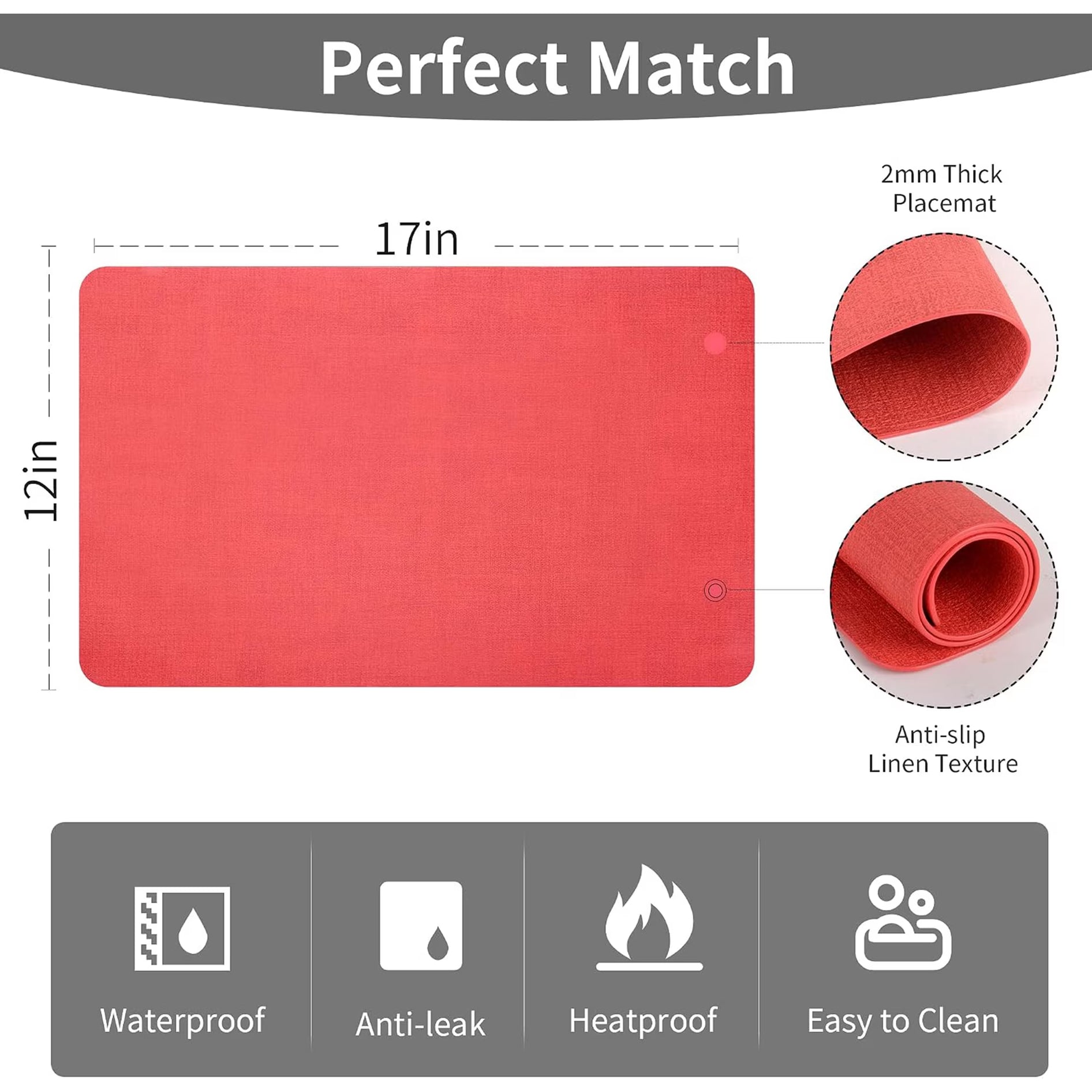 Lifestance Faux Leather Placemats Set of 6, Waterproof Heat Resistant Non Slip Dining Table Mats, 17x12 inch Rectangle Light Red, Indoor Outdoor Use