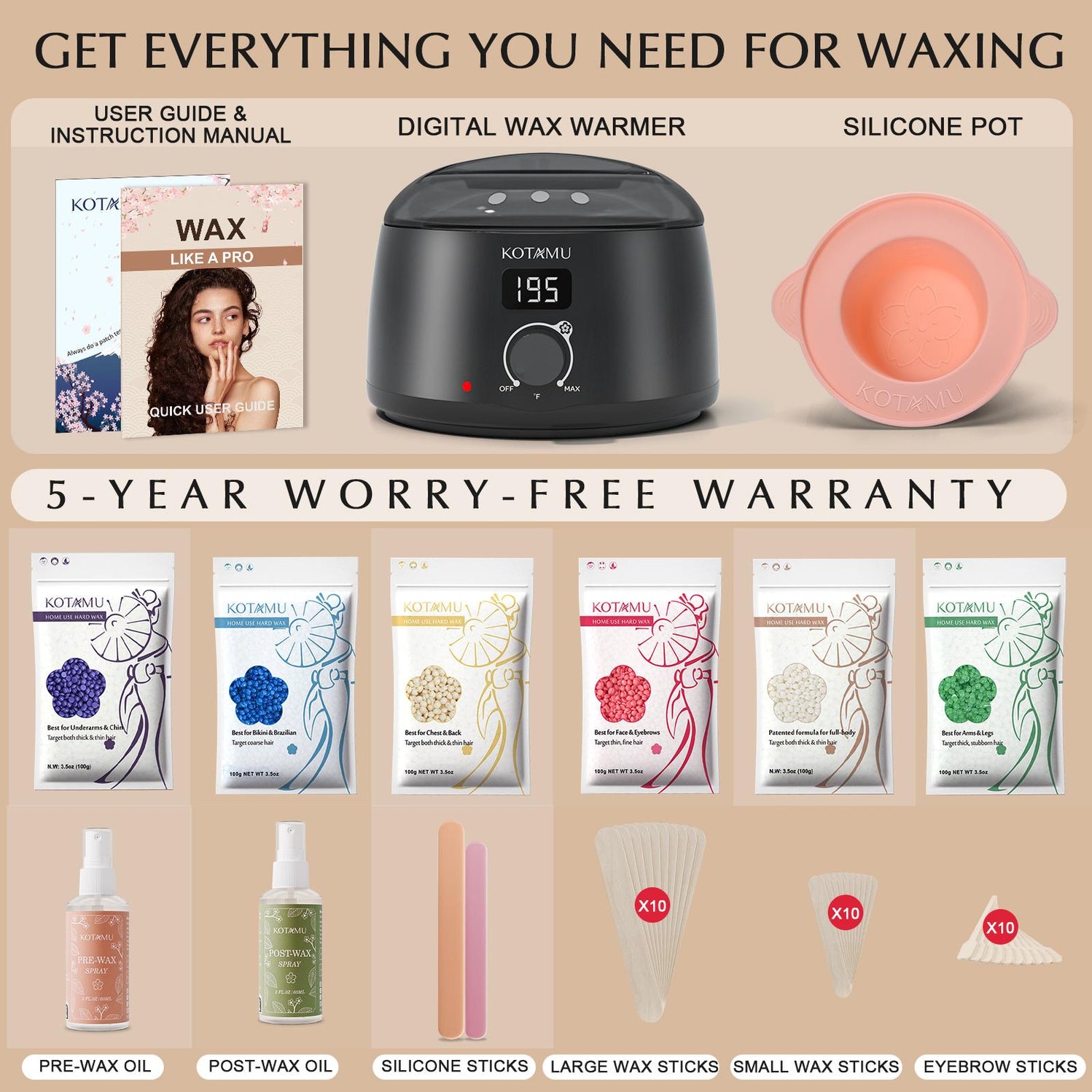 KOTAMU Wax Kit, Waxing Kit for Women Men Hair Removal, Digital Wax Machine for Face Eyebrow Bikini Brazilian Leg Body &Sensitive Skin, Pink Hard Wax Kit With Wax Pot & 44 Accessories for Home Salon