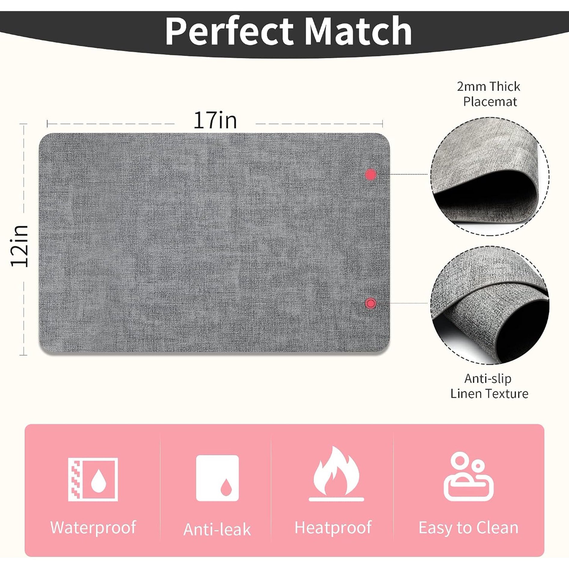 Lifestance Faux Leather Placemats Set of 6, Waterproof Heat Resistant Non Slip Dining Table Mats, 17x12 inch Rectangle Grey, Indoor Outdoor Use